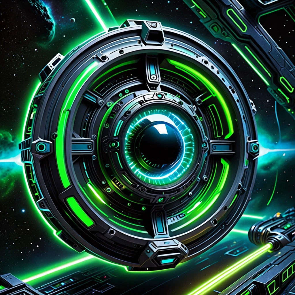 Power metal-style album cover, devoid of any text. A futuristic spacecraft, featuring glowing green elements and blue ion engines, travels through a vibrant cosmic nebula. The…
