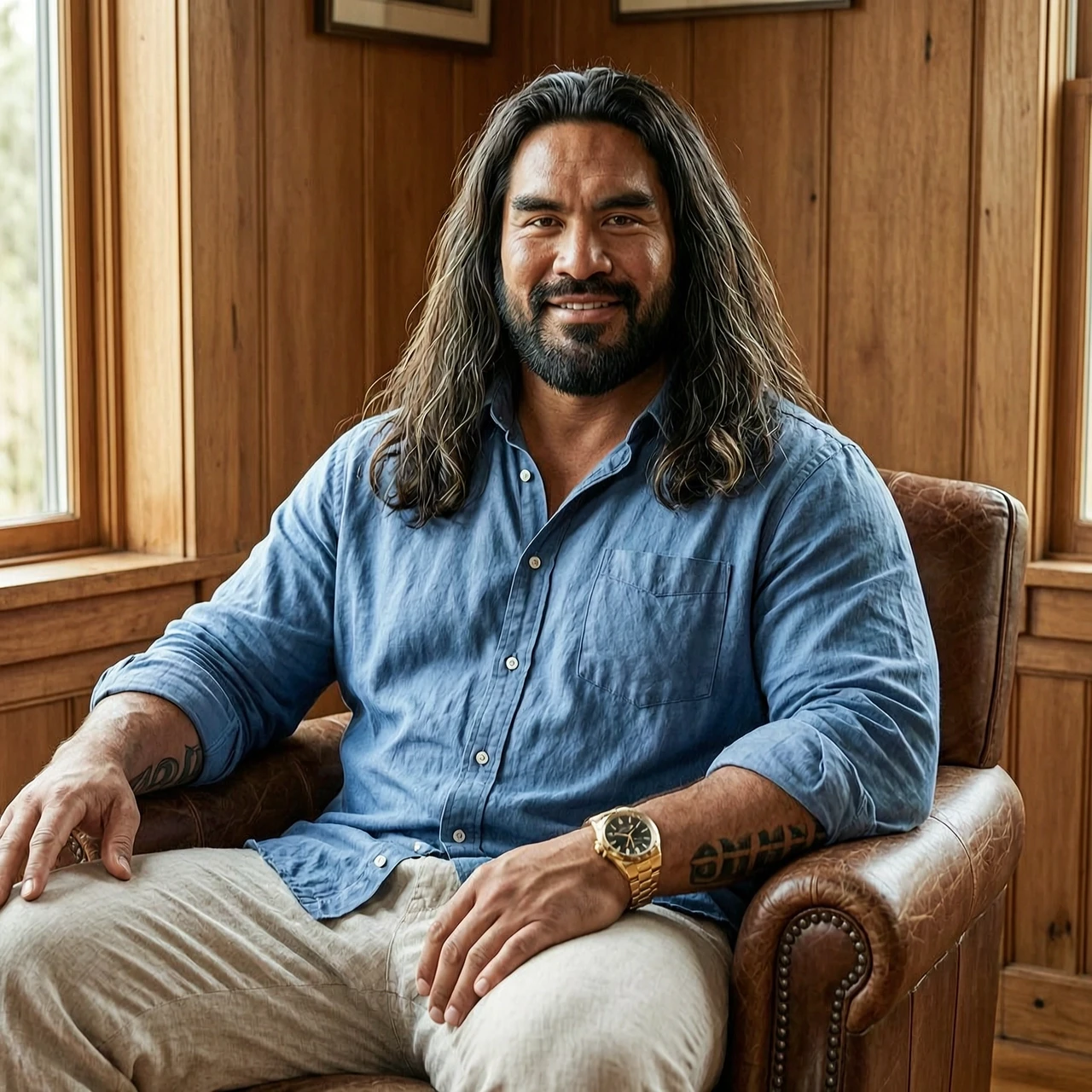 очень красивый, крупный мужчина маори 30 года. объемная мужская стрижка Long Hair. одет в свободную на выпуск хлопковую с закатанными руковами рубашку и простые льняные брюки.…