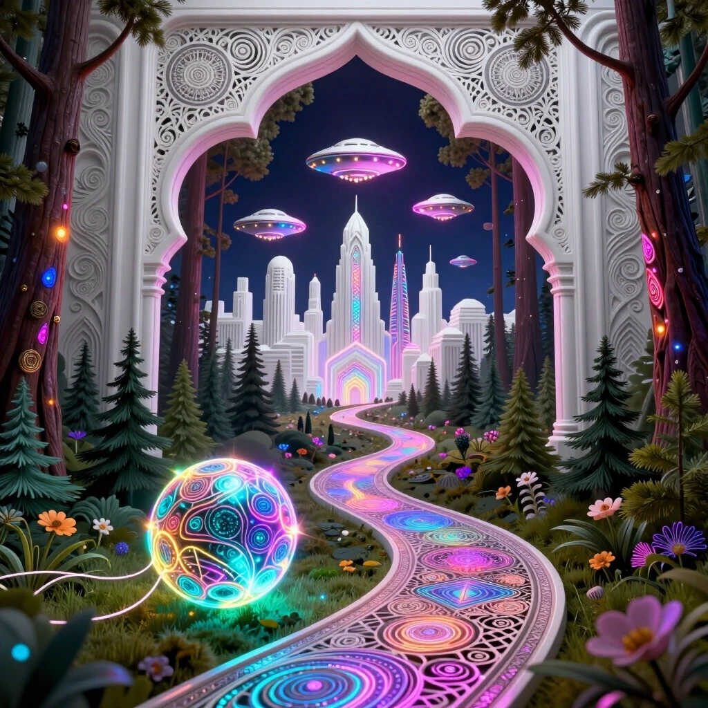 Background: a winding path leading from the forest to a white city. In the middle and far distance, a street in a futuristic ornamental white city with a (thrilling triphobic)…
