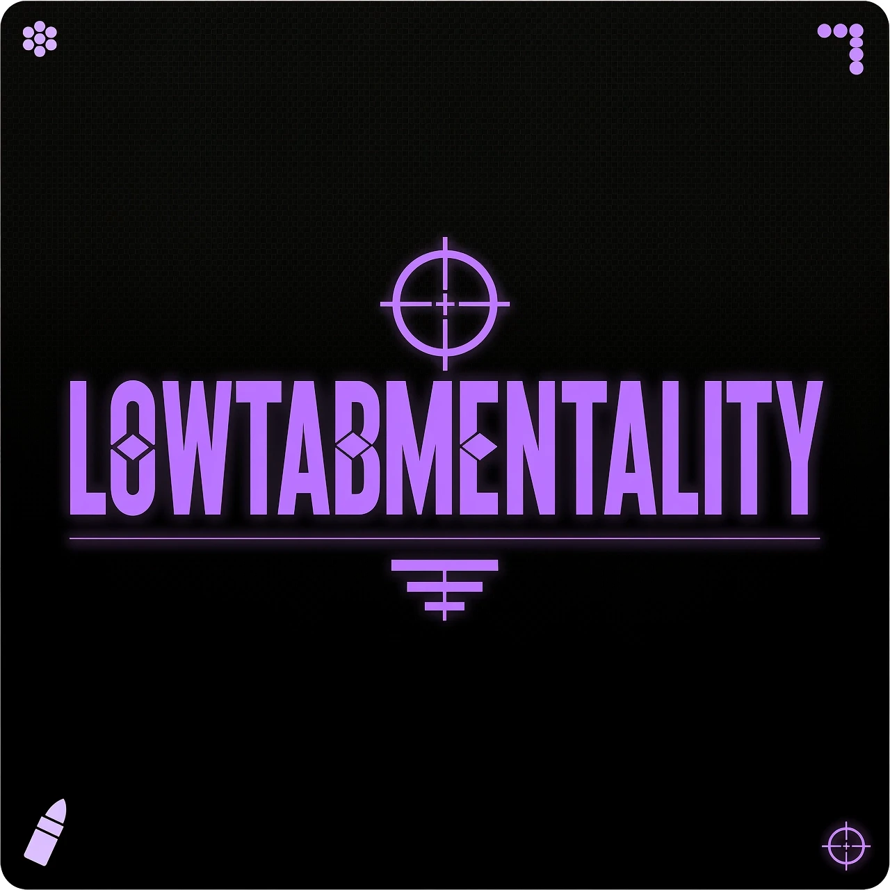 Логотип для киберспортивной команды по игре Counter-strike 2 под названием "LOWTABMENTALITY", логотип должен быть минималистичный, в бело фиолетовом цвете, из надписей…