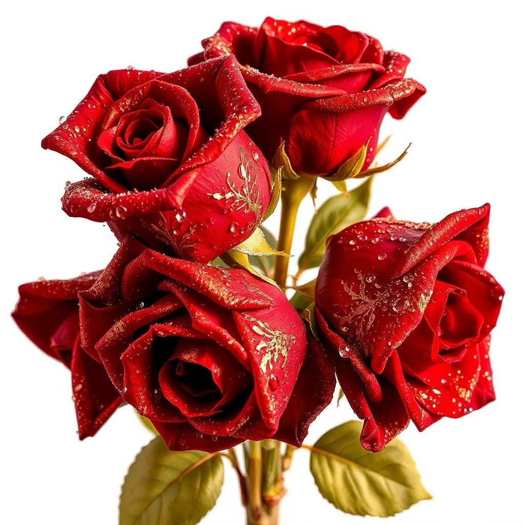 A digital image. Macro photography. A bouquet of red roses with dew on the petals. Gilding, gold, gold leaf, radiance. Golden patterns on the petals. Golden stem and leaves::…