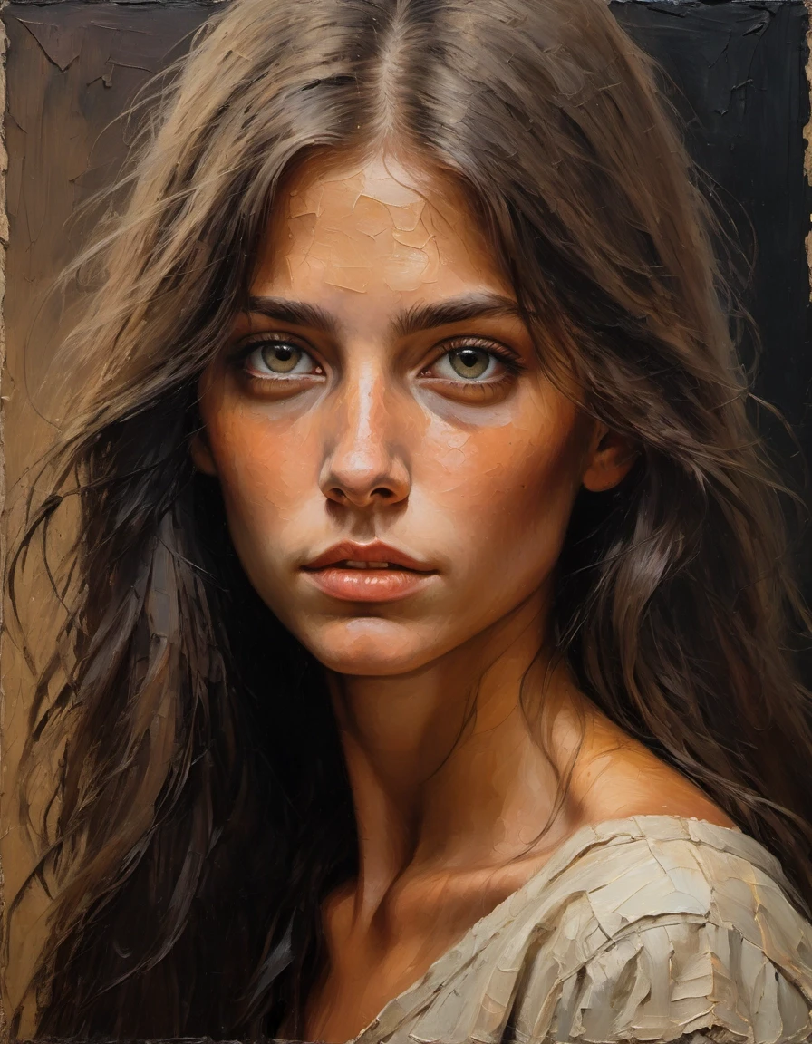 A masterful oil portrait on a thick linen canvas with a rough texture, executed with thick impasto strokes and visible strokes made with a palette knife, conveys the nostalgic,…