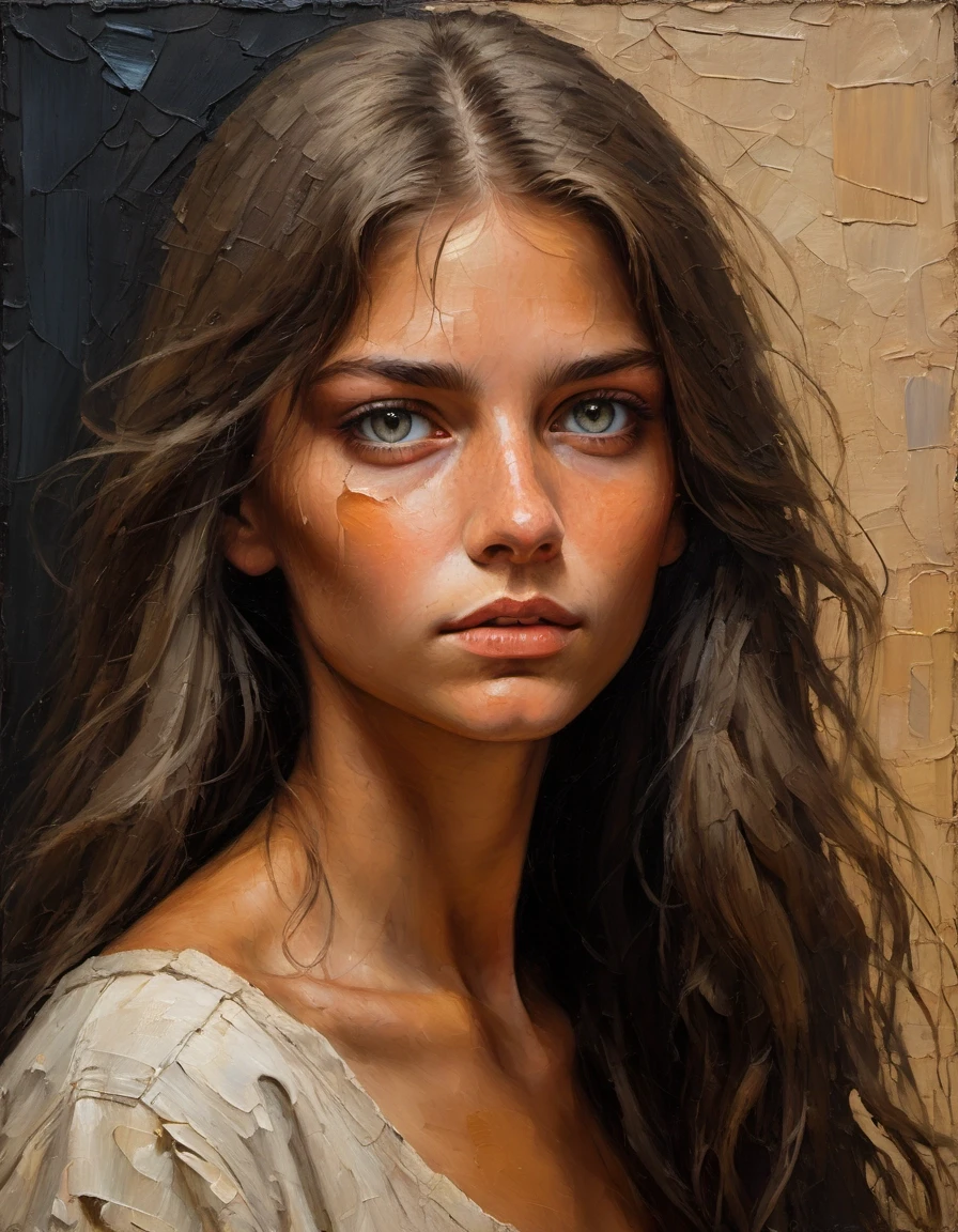 A masterful oil portrait on a thick linen canvas with a rough texture, executed with thick impasto strokes and visible strokes made with a palette knife, conveys the nostalgic,…