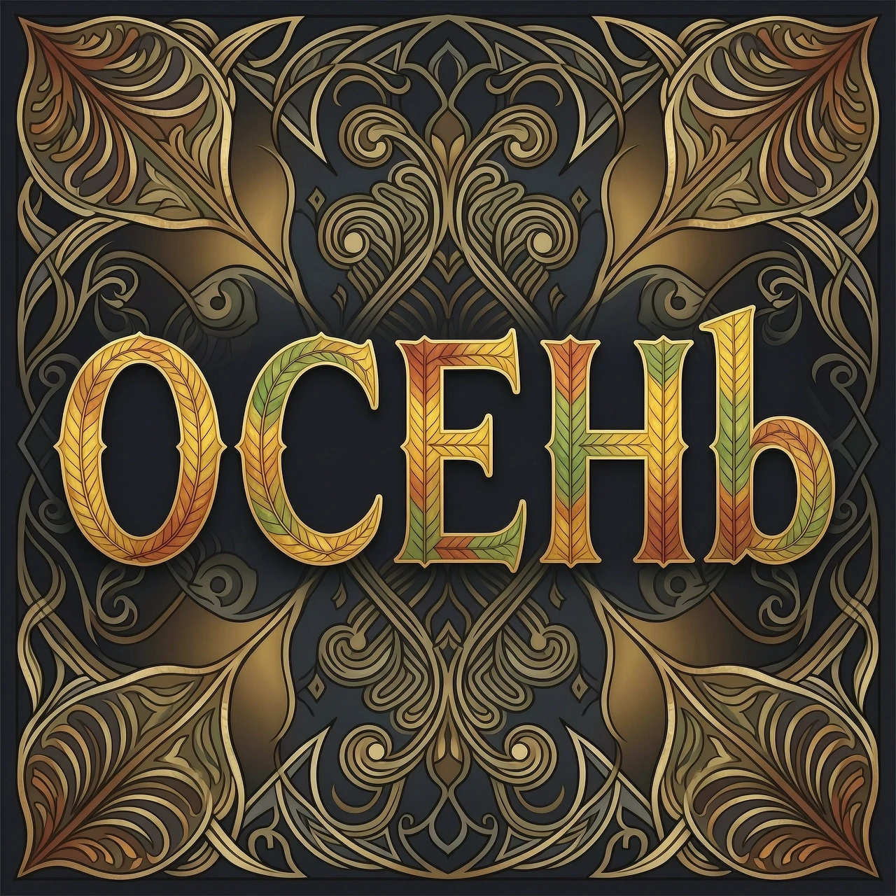 Digital image with double exposure and overlay of layers and textures. Vector graphics. The word "OCEHb" is made of gold, crimson and green skeletonized textured…