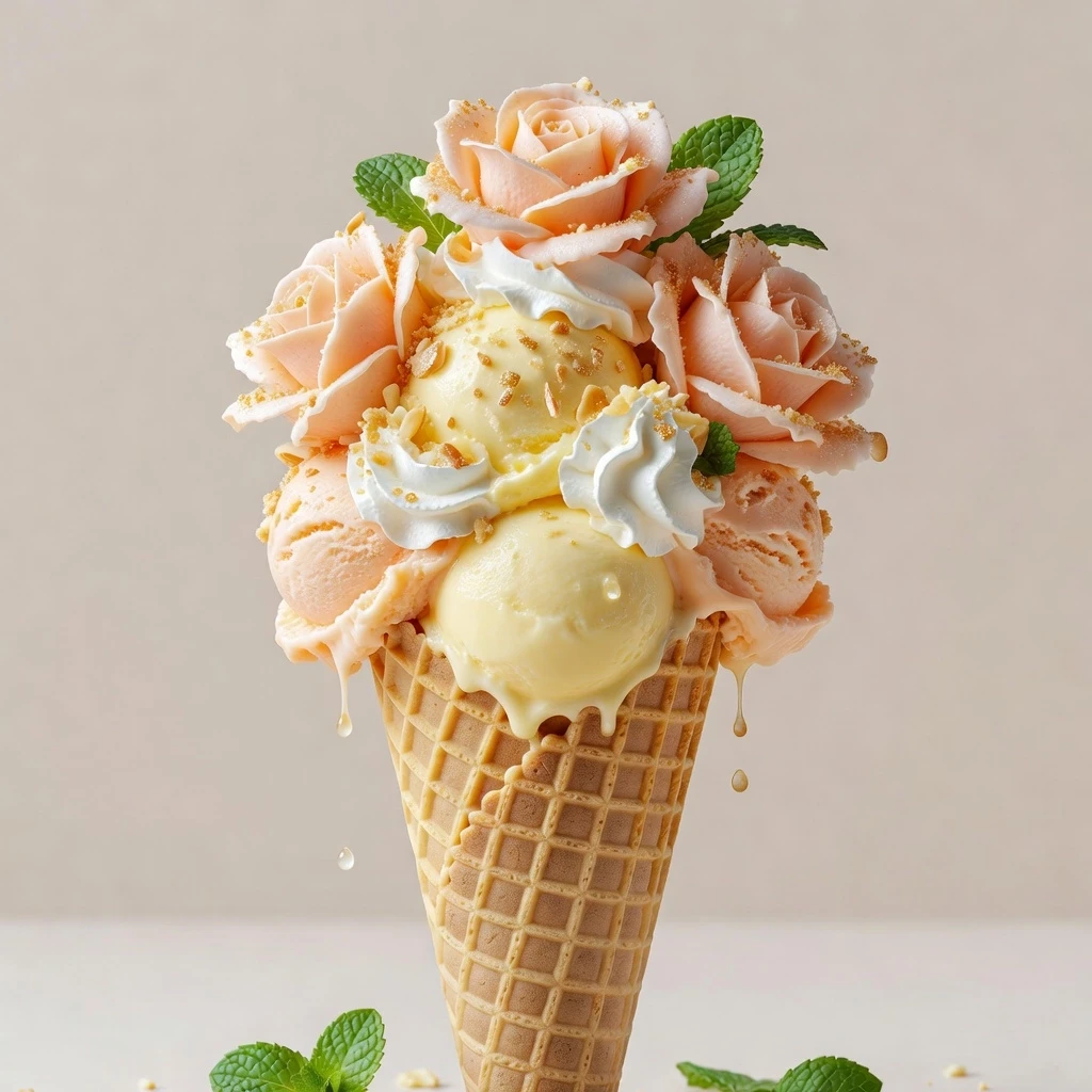 Aesthetic food photo of an ice cream cone in close-up. Instead of the usual balls, the waffle cone contains perfect, smooth balls of creamy pale yellow and peach ice cream. The…