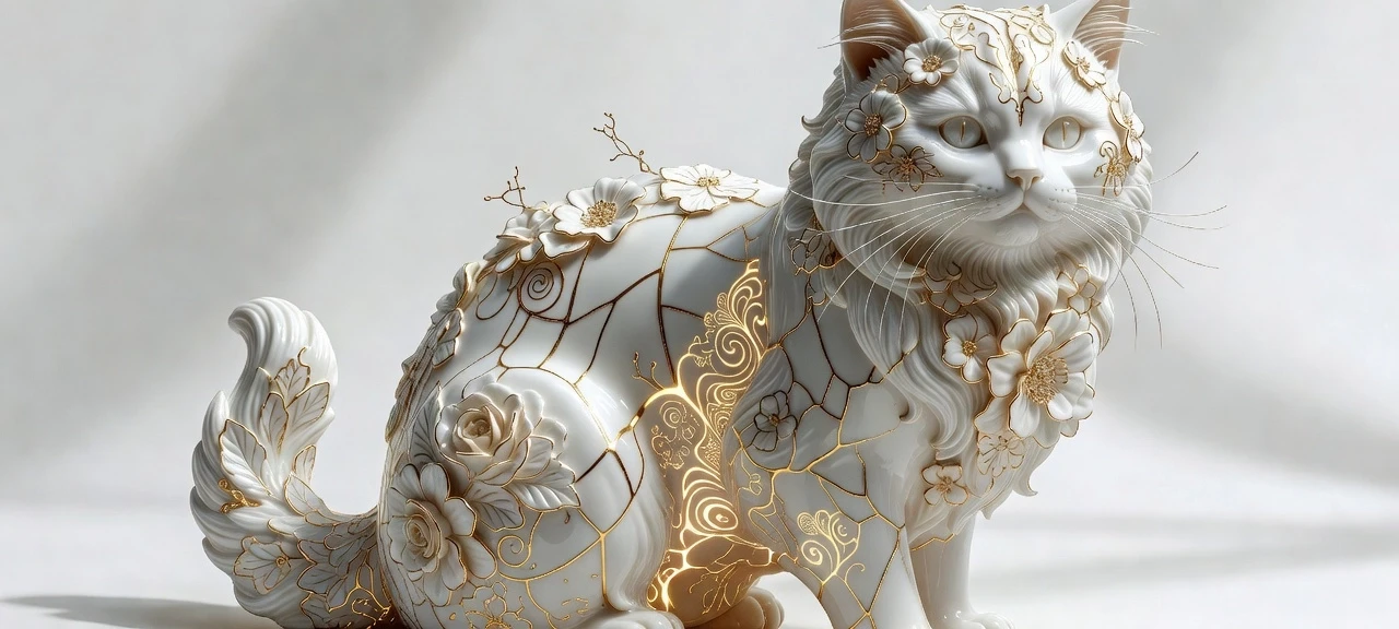 Digital image in Baroque and rocaille style with elements of kintsugi technique. Close-up. (Decorative sculpture made of white porcelain: 1.5). Golden cracks. Volume. The…