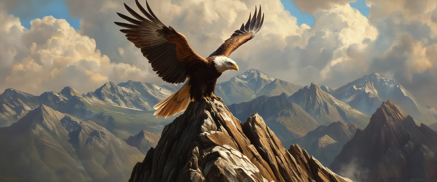 A masterpiece. Oil painting. A proud eagle soars above the peak. Increased attention to small details. Close-up. Danish angle. Octave filter. High resolution. 8K. Style: Vrubel,…