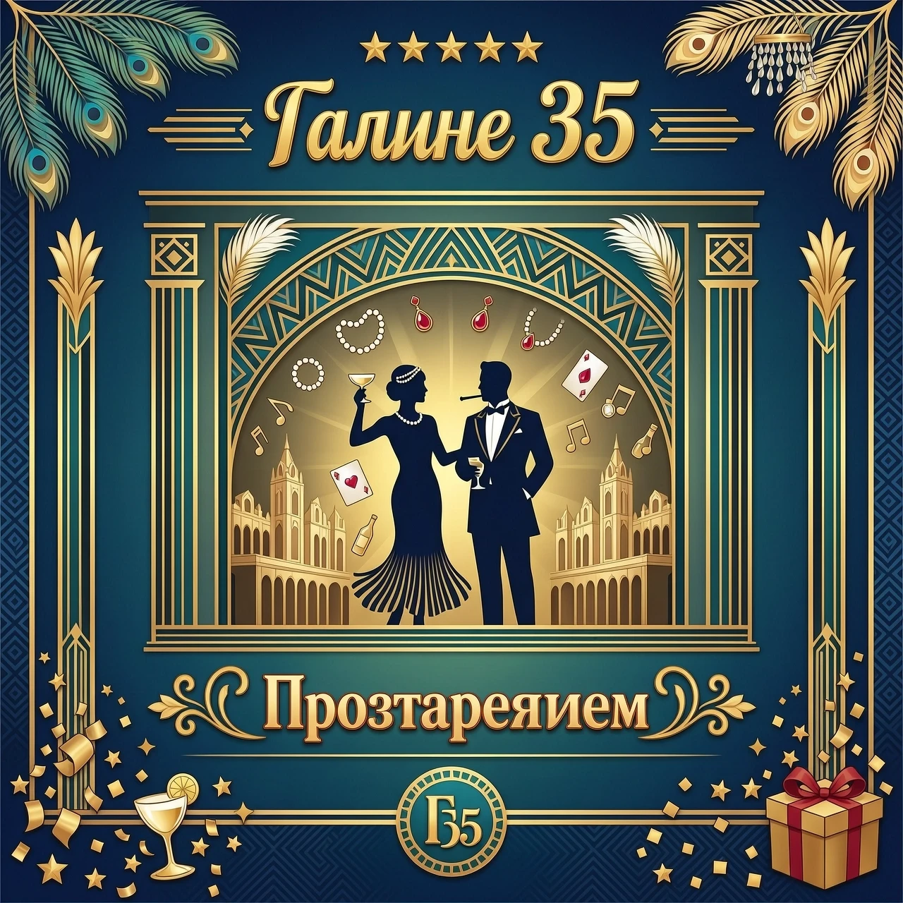 красочная картинка в стиле гетсби на фон и сверху надпись галине 35 и убери нижние надписи добавь поздравляем — работа пользователя Приключенческая Вила