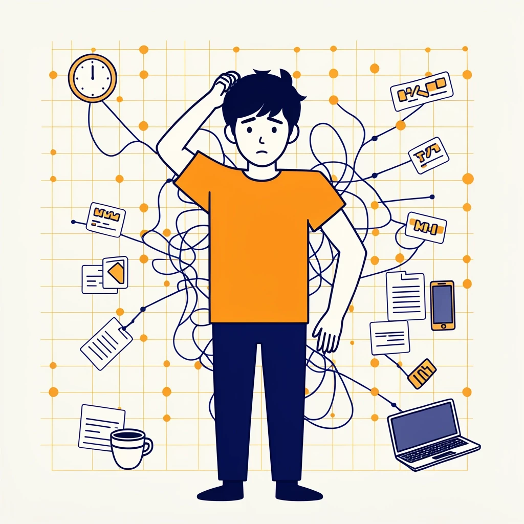 Flat line illustration на светлом фоне (#F5F5F5) с тонкой сеткой и янтарно-оранжевыми точками-паттернами. Мужчина мужчина 30-35 лет, короткие тёмные волосы (взъерошенные сверху,…