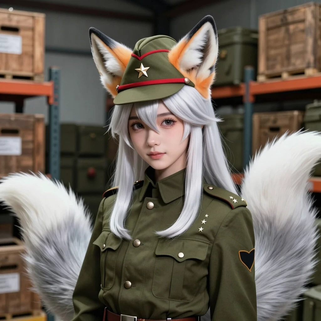 Anime style, a beautiful fox-girl with long white hair, matching fluffy white and silver-grey fox ears on her head, and a large fluffy white and platinum-grey fox tail behind…