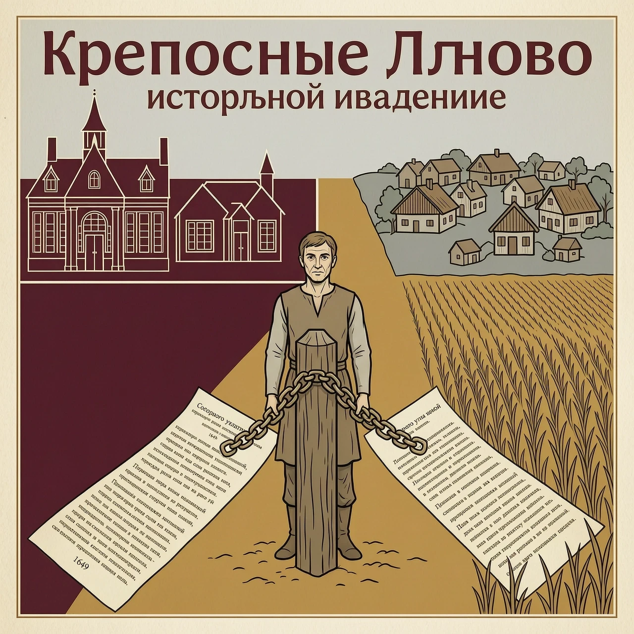 Создай символическую иллюстрацию, объясняющую крепостное право как историческое явление. В центре — фигура крестьянина, стоящего у межевого столба; от столба в одну сторону…