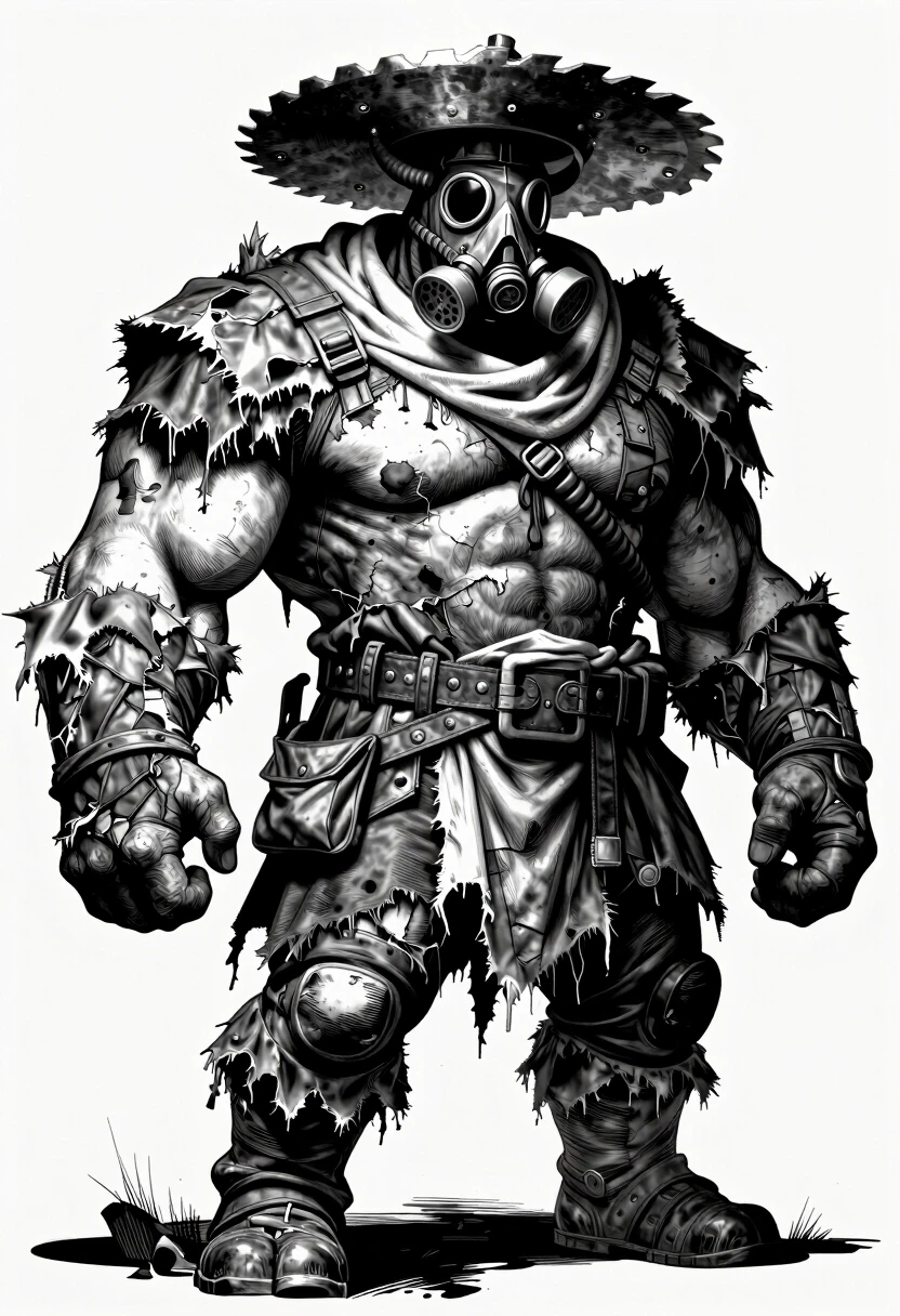 A hulking, massively muscular giant of a man, a post-apocalyptic trader with an enormous, heavily built physique, broad shoulders like a bull, his entire body completely encased…