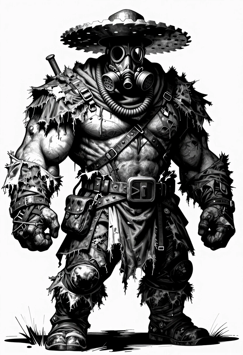 A hulking, massively muscular giant of a man, a post-apocalyptic trader with an enormous, heavily built physique, broad shoulders like a bull, his entire body completely encased…