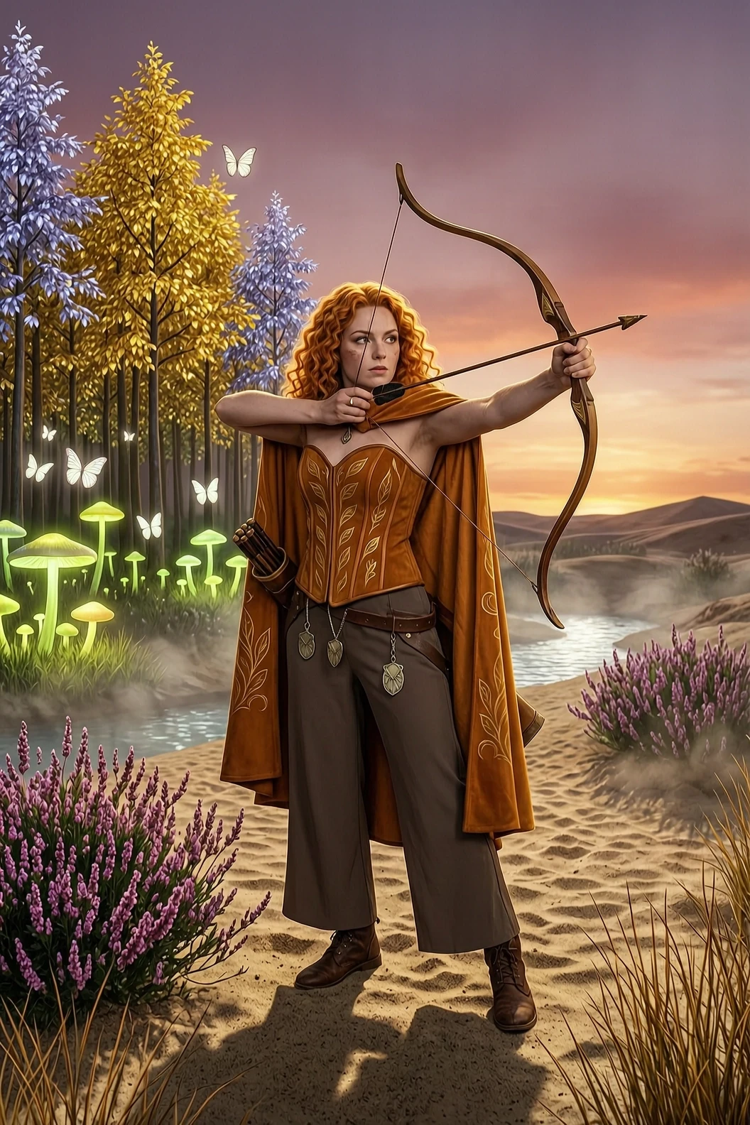 An epic 3:4 scene: on the border of an enchanted forest and sandy twilight wastelands, covered in some places with flowering heather, an elven archer freezes in a dynamic pose -…