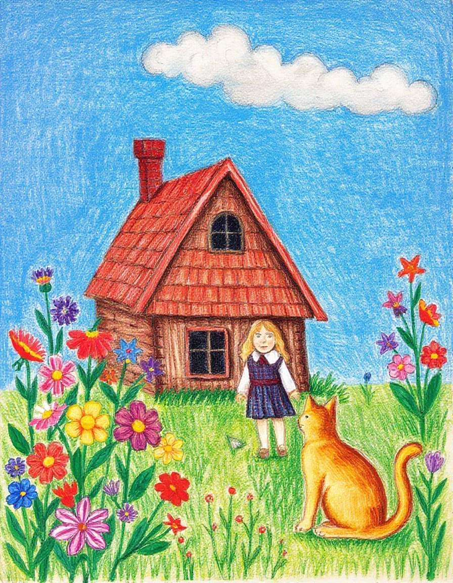 A masterpiece. Creating an image. ((The style is naive graphics in colored pencils. children's drawing of flowers, a house, summer, blue sky, a little girl and a cat:1,6)).…