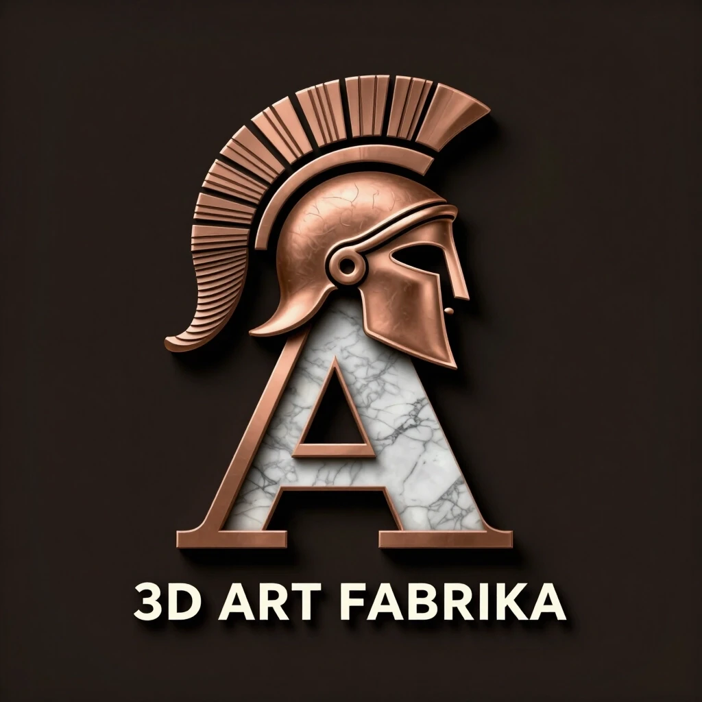 Logo design. The letter "A" is constructed from layered 3D slices. Above the text, the silhouette of an ancient Greek Corinthian helmet (no face visible, only the…