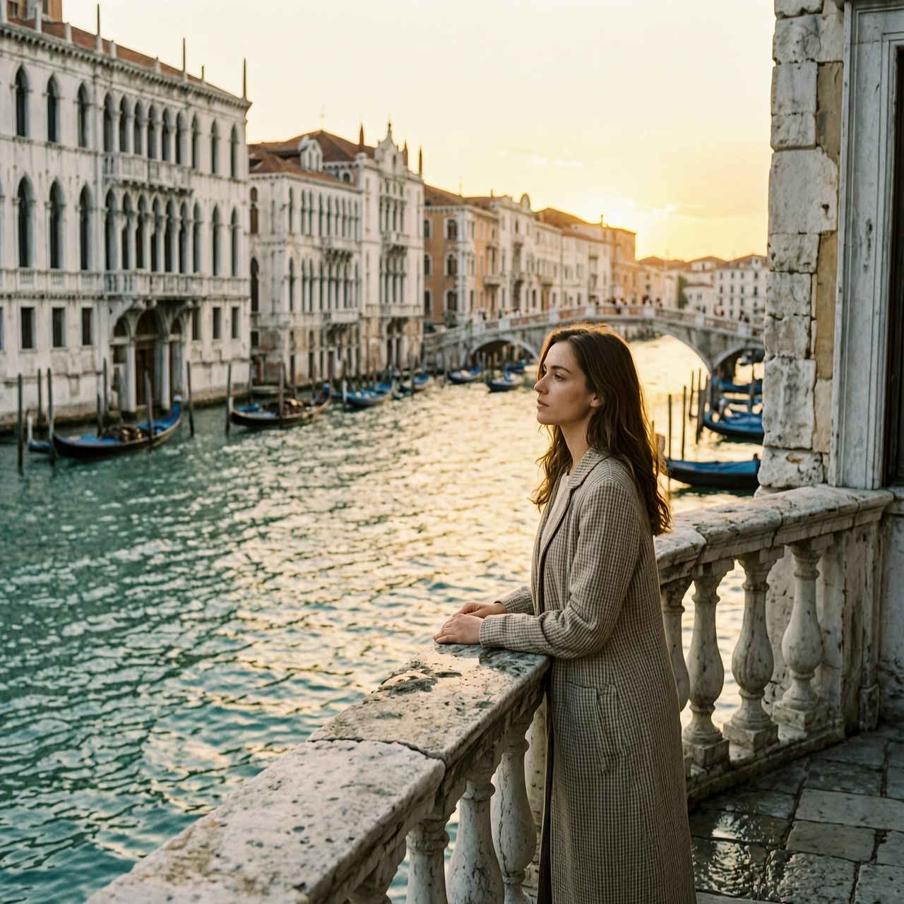 Romantic and nostalgic cinematic shot capturing the essence of "Love for Venice," a young woman standing on a weathered stone balcony overlooking the Grand Canal at…