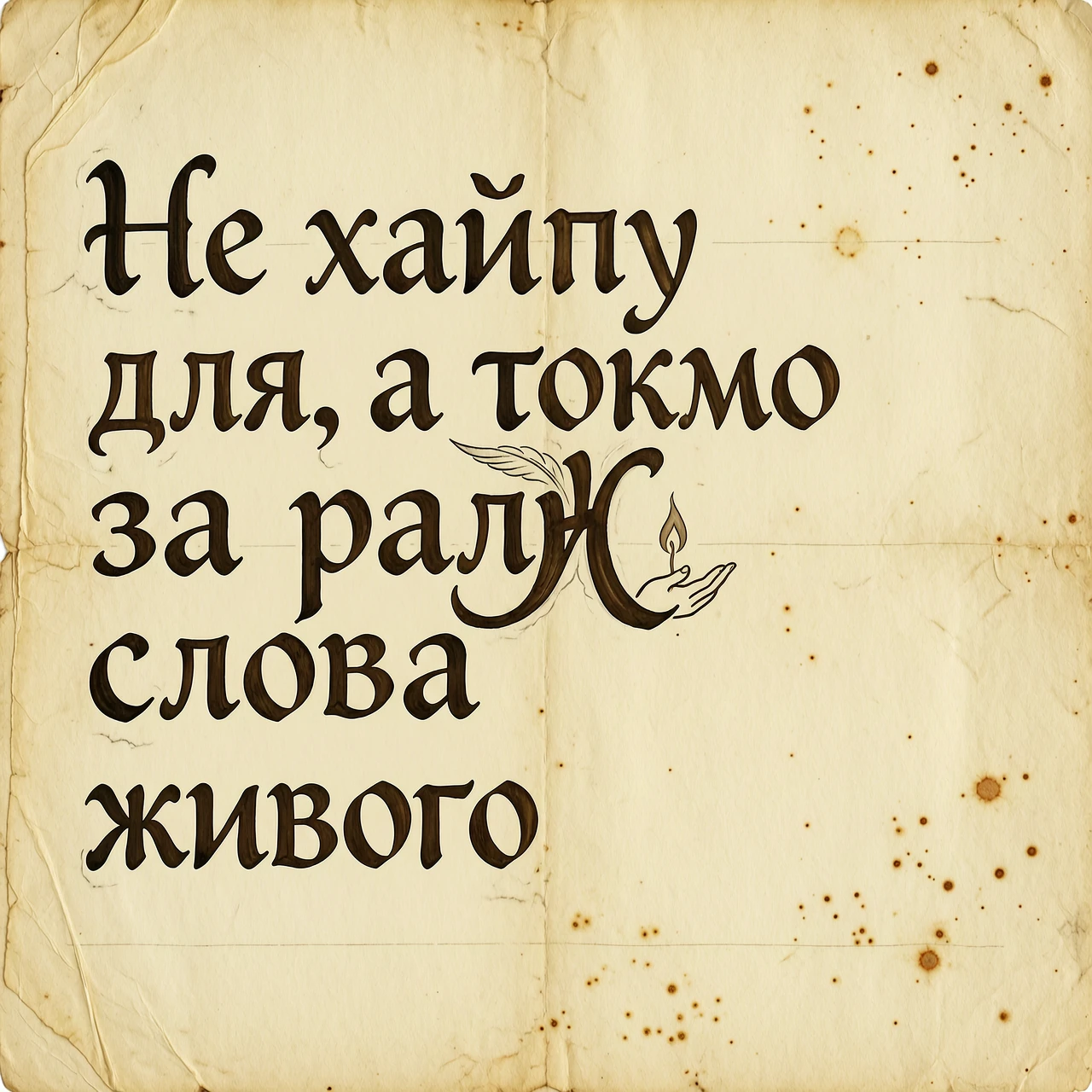 Создай логотип в виде каллиграфической надписи: «Не хайпу для, а токмо за ради слова живого». Буквы выполнены в стиле древнерусского полуустава, чернила слегка выцвели, как на…