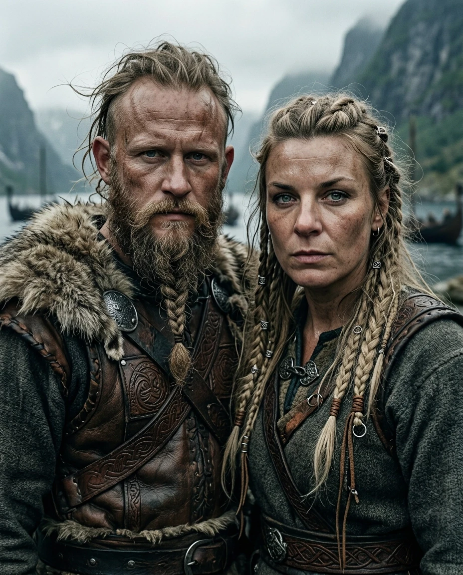 Cinematic hyper-realistic film still of a Viking warrior man and woman, maintaining their exact facial features and skin tones from the references. The man features a rugged,…