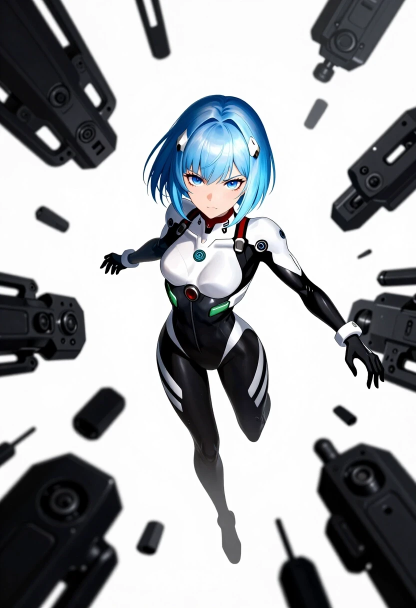 (lacia beatless:1.3), beatless, 1girl, solo, android, (ice blue hair, light silver-blue hair:1.2), blunt bangs, (dark blue eyes, indigo eyes:1.2), expressionless, wearing…
