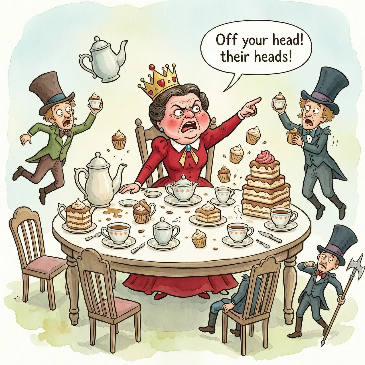 (masterpiece:1.8, acrylic painting:1.5, best quality:1.6, ultra-detailed:1.6). A bizarre and funny image (of the Queen of Hearts), who, sitting at a crazy tea table, angrily…