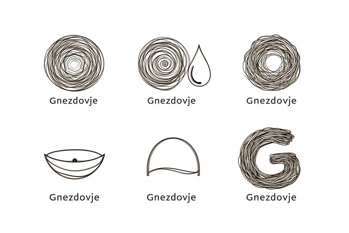 Create 5 vector-style logo concepts for the perfume brand "Gnezdovje" based on the following description (Group 1: The Nest as an Archetype): 1. Nested spirals — three…