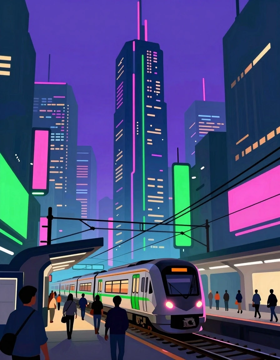 Generate an image in a digital painting style. A cyberpunk-style city at night featuring towering skyscrapers, neon signs, and illuminated buildings crisscrossed by a web of…