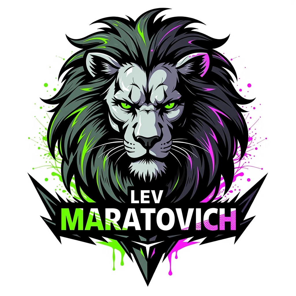 Cyberpunk logo for “Лев Маратович”: metallic lion head with neon tubes, visible micro‑circuitry, and glowing neural‑link lines. Mane as a flow of digital particles or energy…