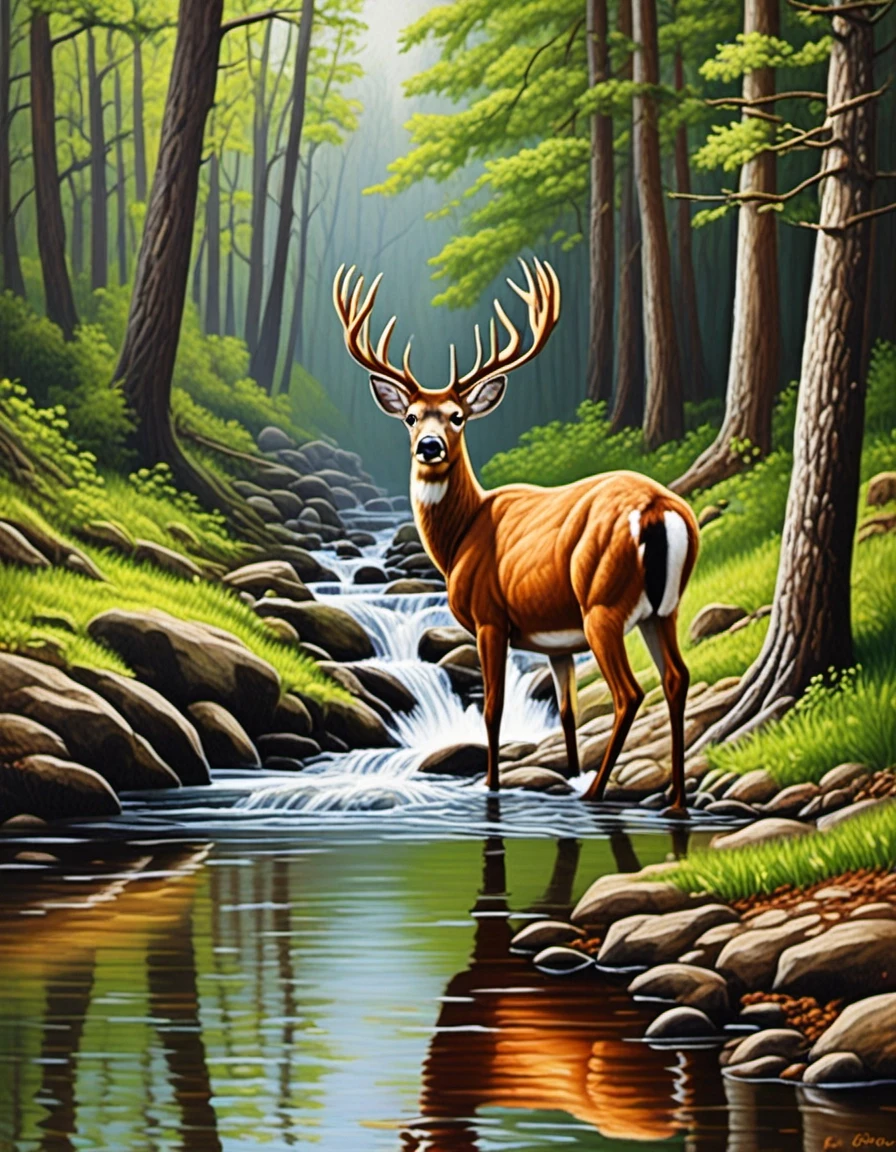 oil painting of a deer drinking from a forest stream, [NeurALartStudio method: summer: 0.1] — работа пользователя Ослепительная Полуночь