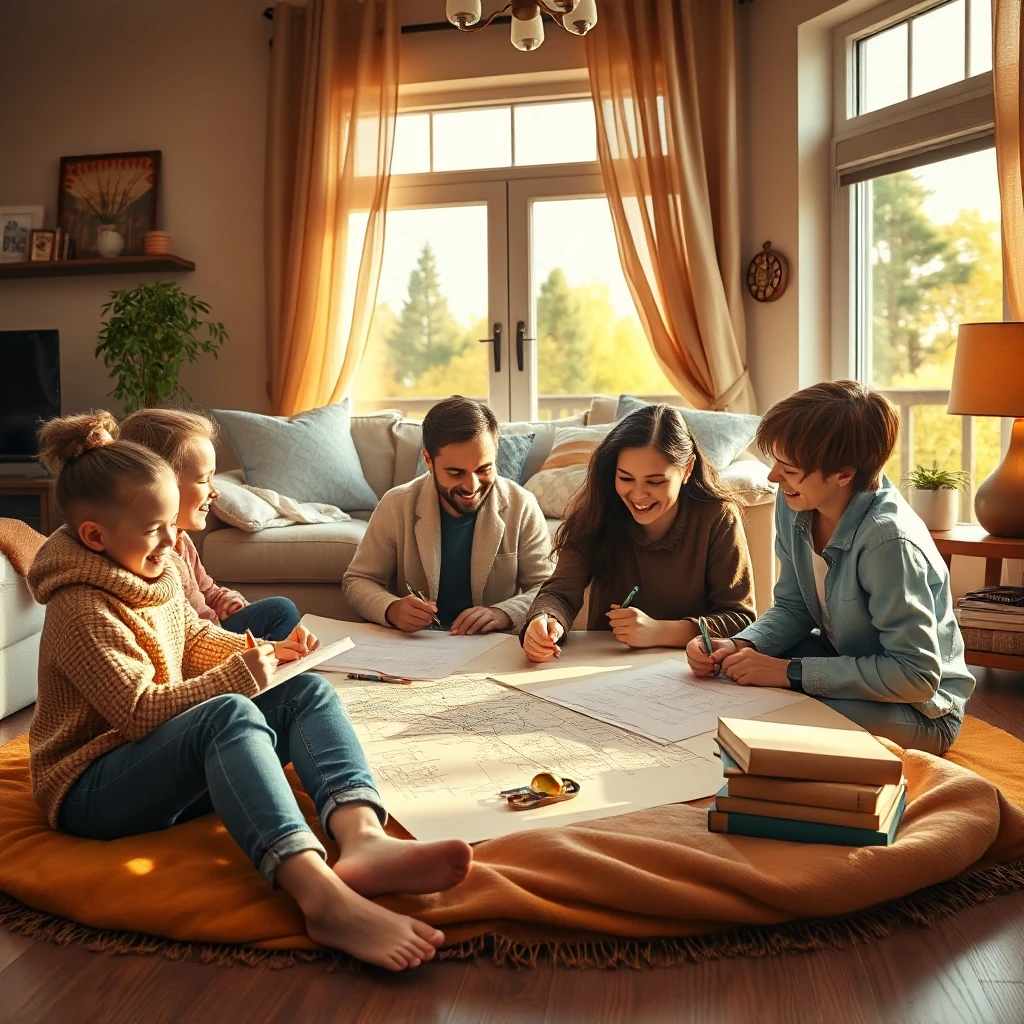 A family sitting on the floor in a cozy living room, gathered around a large sheet of paper. They are planning trips, dreams, and projects for the next five years — drawing,…