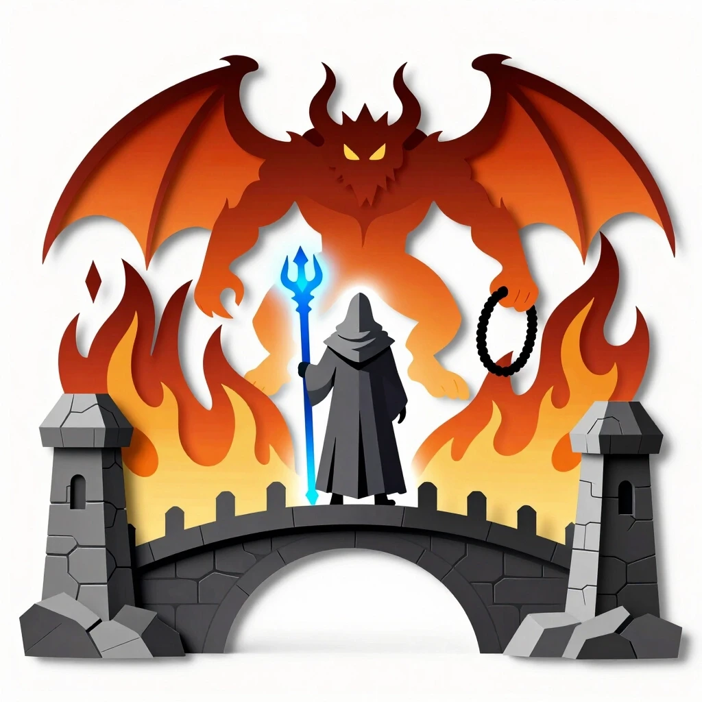 Lord of the Rings scene, Gandalf the Grey standing on Khazad-dum bridge with his back to the viewer, glowing blue staff, fiery Balrog with sword and whip in front, view from…