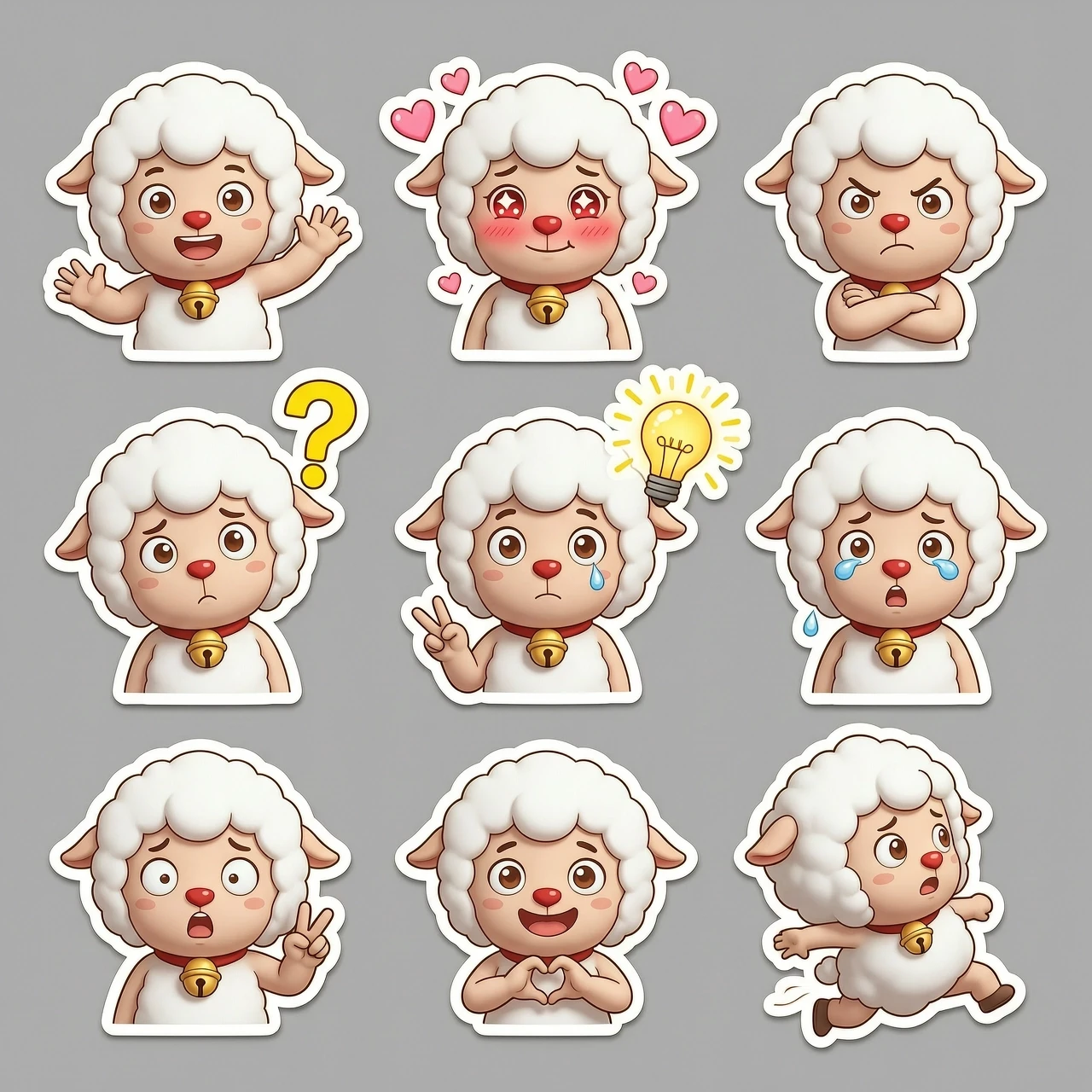 Sticker pack sheet of a cute sheep character, 3D cartoon style, high-quality render, C4D, Octane Render. The character has a red nose and bell. The set includes multiple…