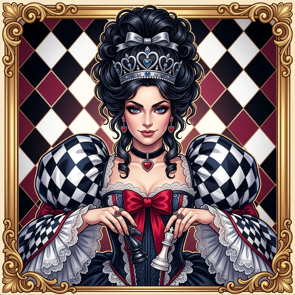 The picture shows a stylized illustration of a character resembling the Queen of Chess from Alice through the Looking Glass. This is fantasy art with vivid and expressive…