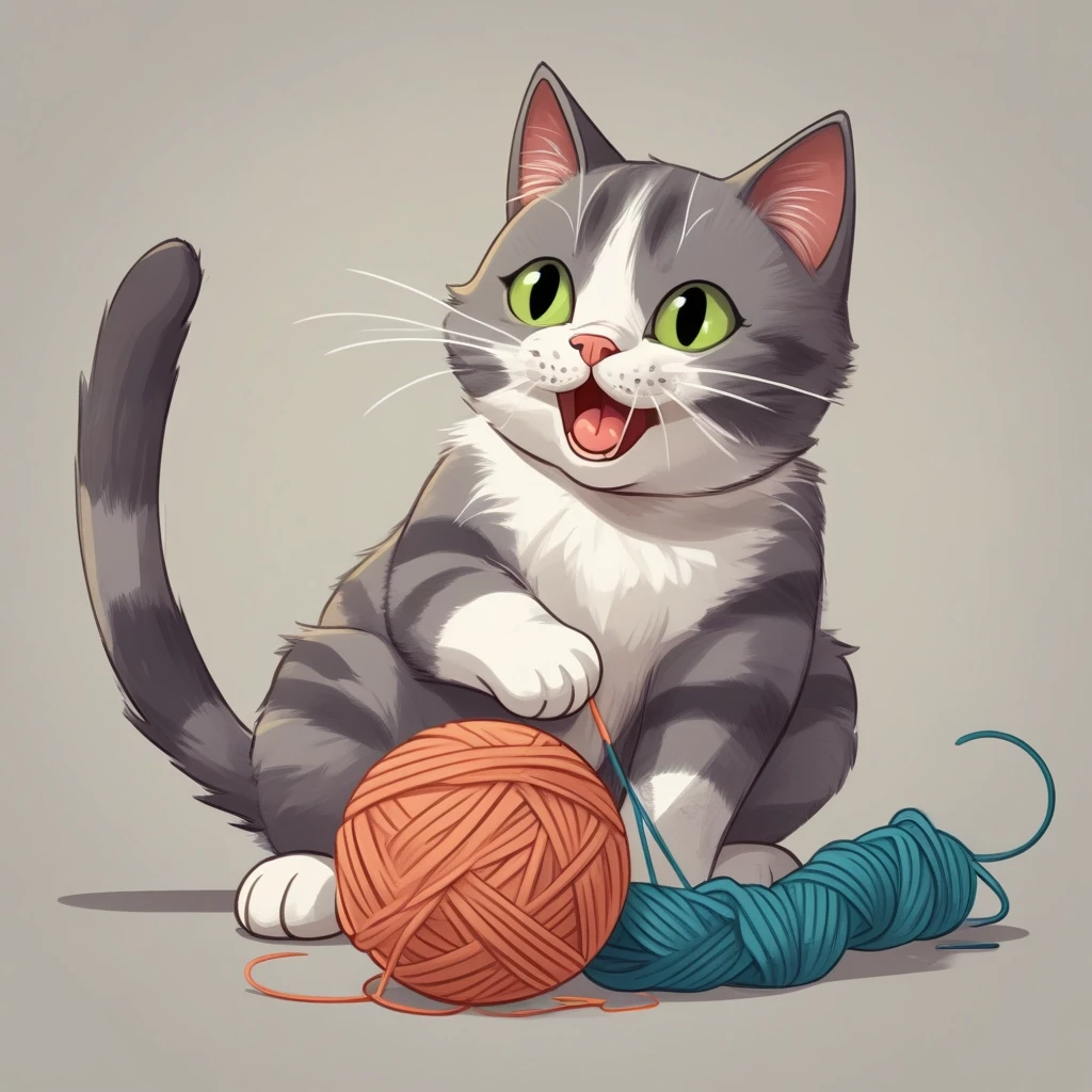 Кот играет с клубком ниток, мультяшный стиль — работа пользователя Настоящий Электромант