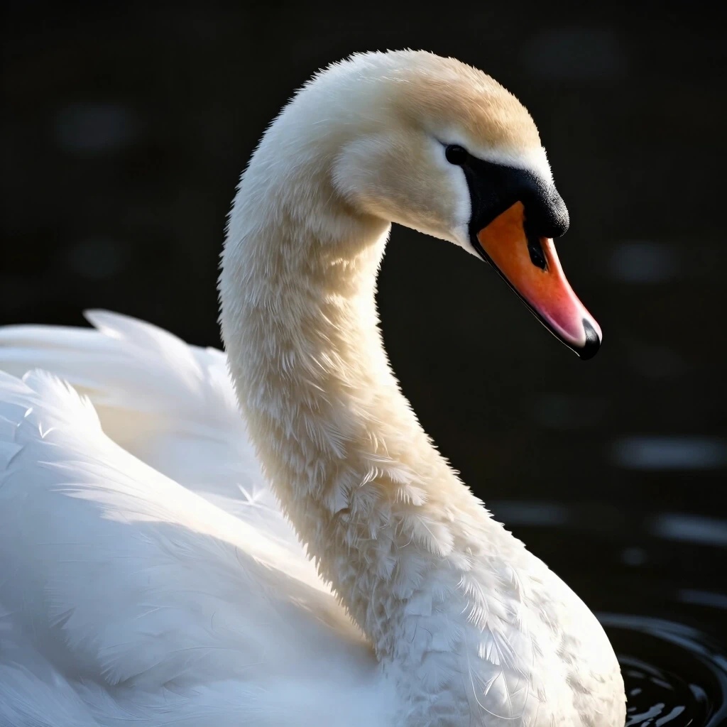 An extreme close-up macro portrait of a breathtakingly beautiful white swan, focusing on its elegant long curved neck and head. Majestic luxury look. Incredibly soft fluffy…