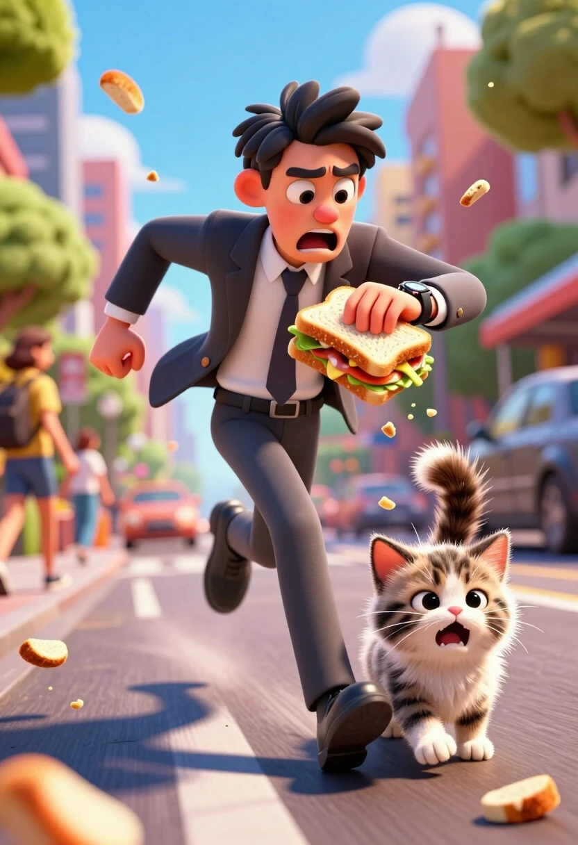A dynamic, hyper-stylized 8k 3D render. A young professional is sprinting down a sunny city street, eyes wide with panic, looking at a wristwatch while aggressively eating a…