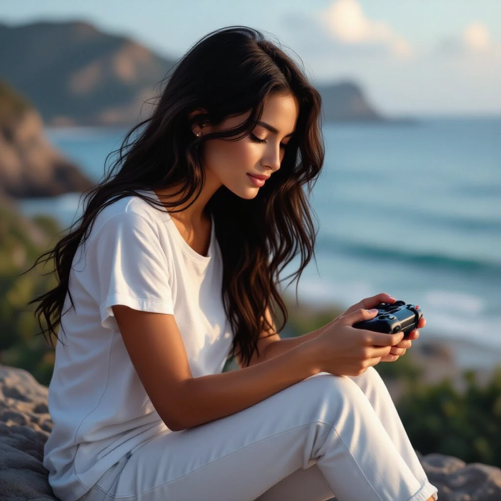 Woman playing a computer game. Dark long hair, white jeans, white t-shirt. Nature. Sea — работа пользователя Могущественный Танец