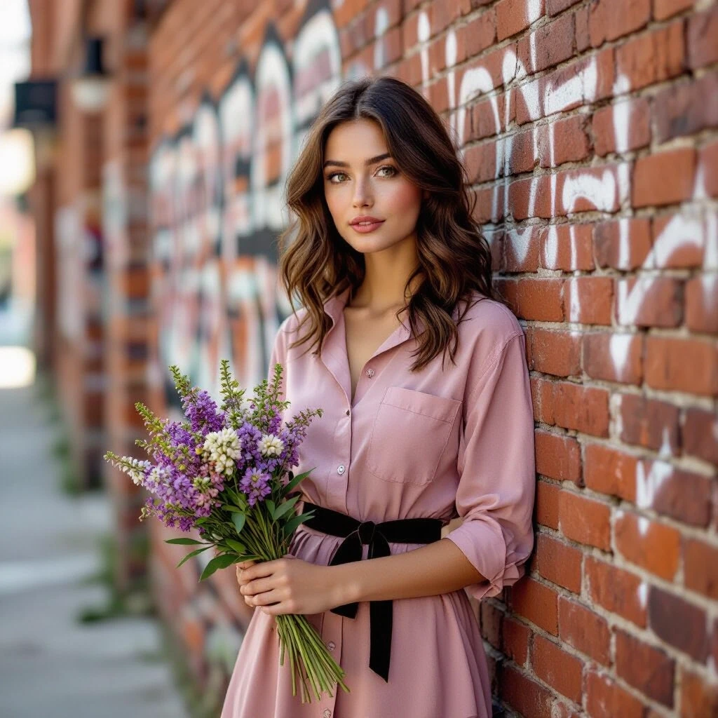 A young woman with wavy dark brown hair and freckles stands against an old brick wall on a narrow city alley. She wears a dusty pink shirtdress with an asymmetrical hem and a…