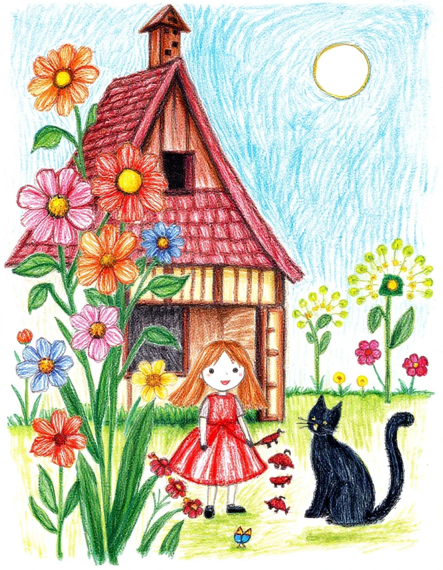 A masterpiece. Creating an image. ((The style is naive graphics in colored pencils. children's drawing of flowers, a house, summer, blue sky, a little girl and a cat:1,6)).…