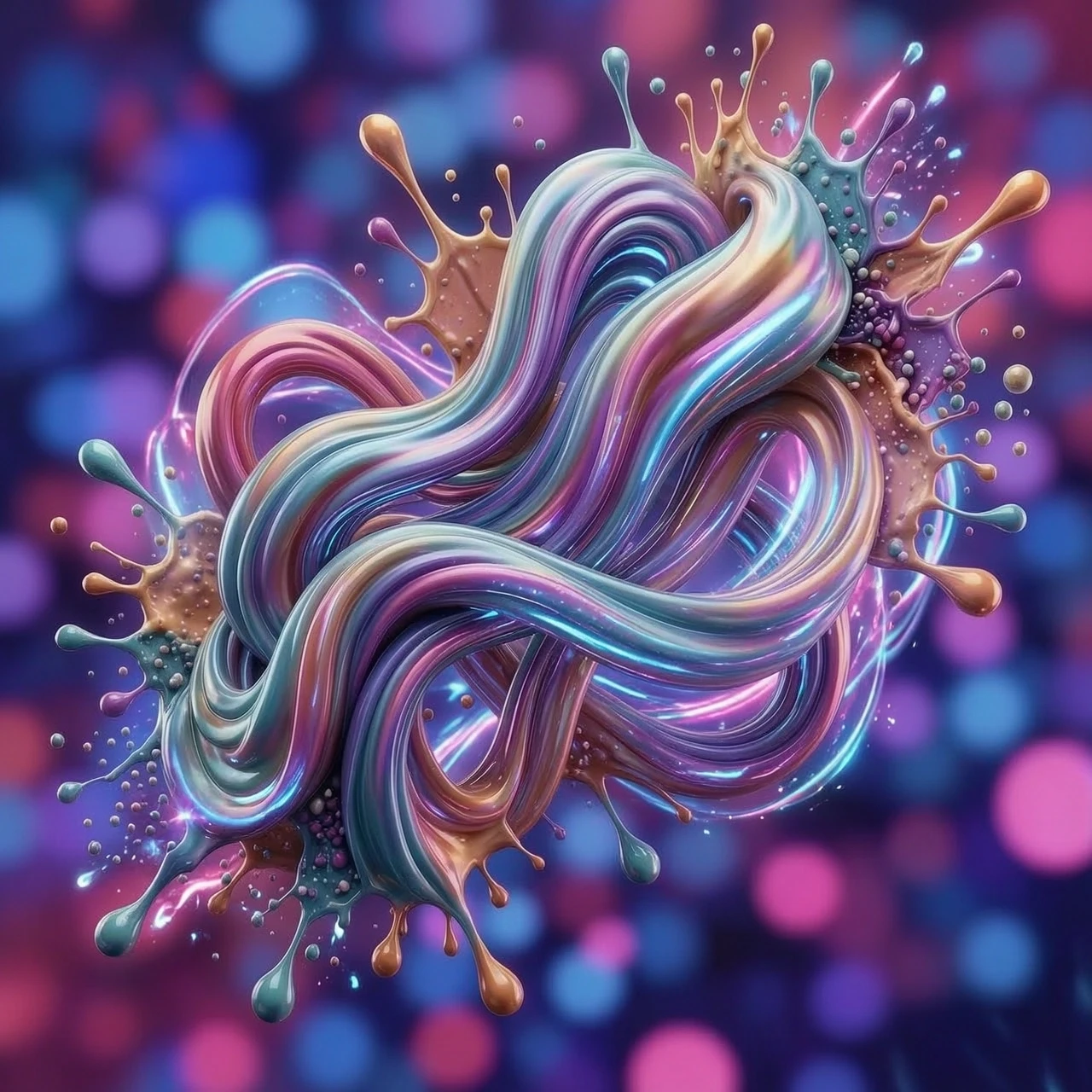 Abstract 3D background for a rhythm game application, dynamic fluid motion, intricate intertwining of vibrant neon silk ribbons and liquid chromatic waves, flowing iridescent…