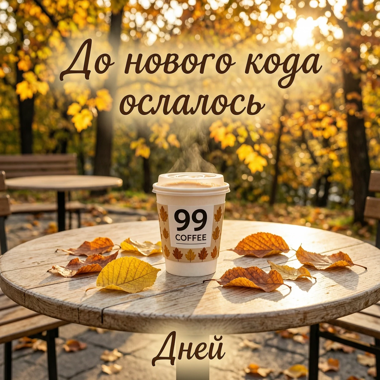 На картинке лавка и небольшой круглый столик. Время средняя осень, золотое время. Свет мягкий. На столе стаканчик с кофе. На стаканчике надпись 99. На столе несколько желтых…