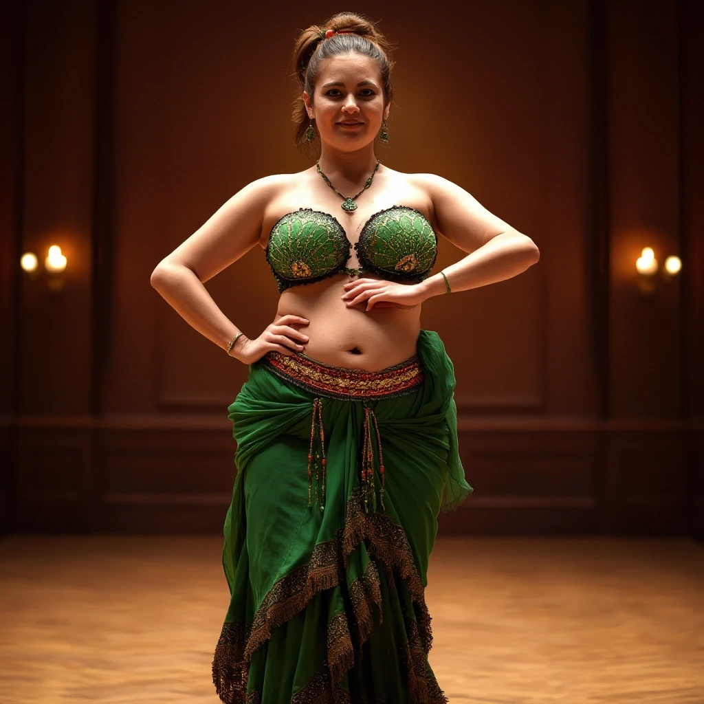front view chubby belly dancer fifty years woman in green costume brown short ponytail hair stand in hall — работа пользователя Прекрасная Мантикора
