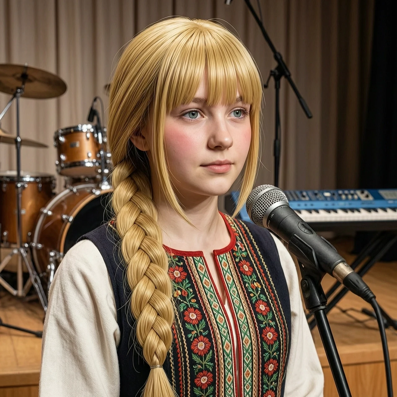 Портрет 17-летней русской красавицы Алёнки в стиле гиперреализма с элементами классической живописи маслом. У неё длинная, одна толстая коса соломенного цвета, перекинутая через…