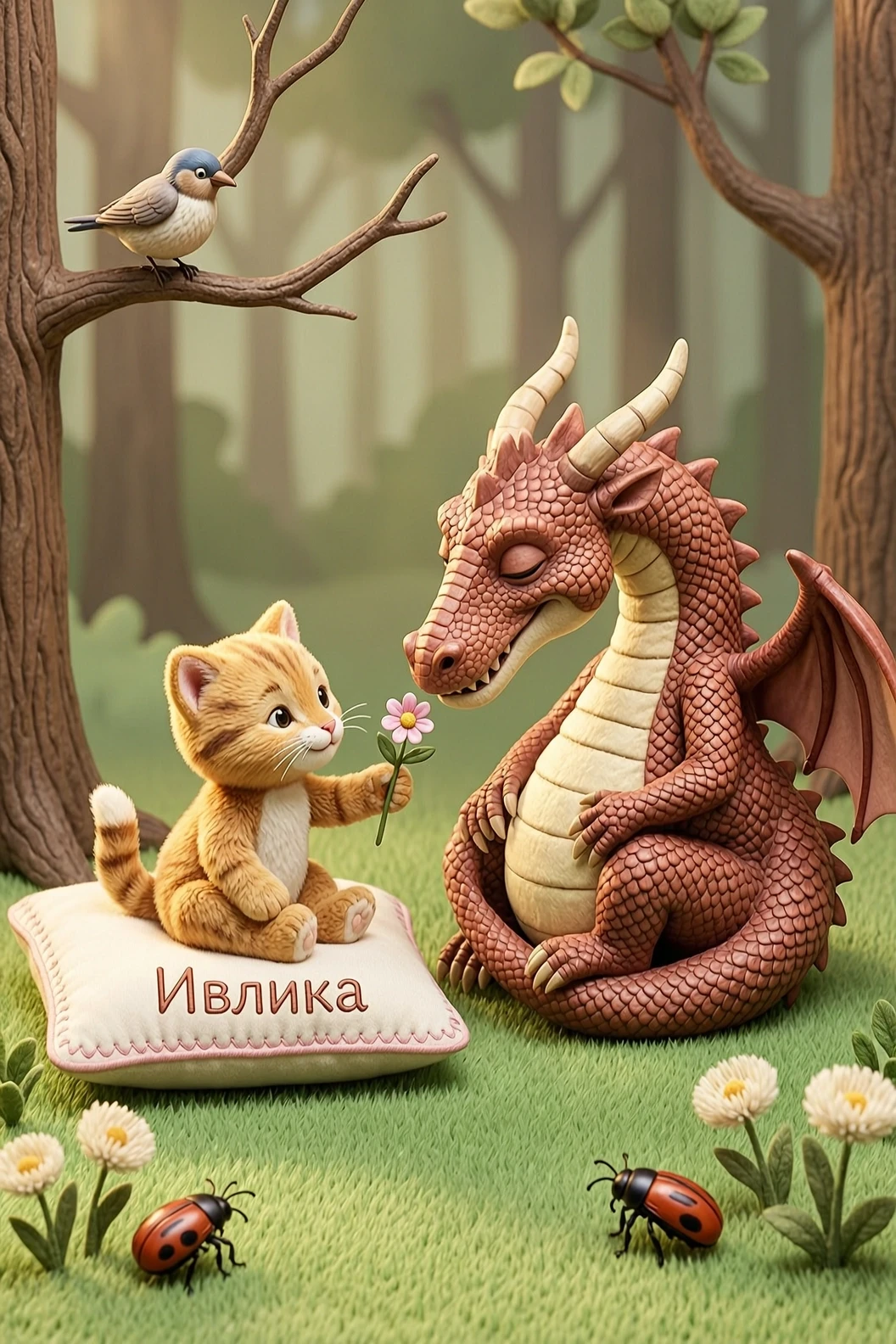 Милое разрешение кризиса: кукольный стиль (уютный, тактильный, трогательный) Нарисуй сцену в кукольном стиле, будто это кадр из доброго мультфильма: котёнок и дракон сидят друг…