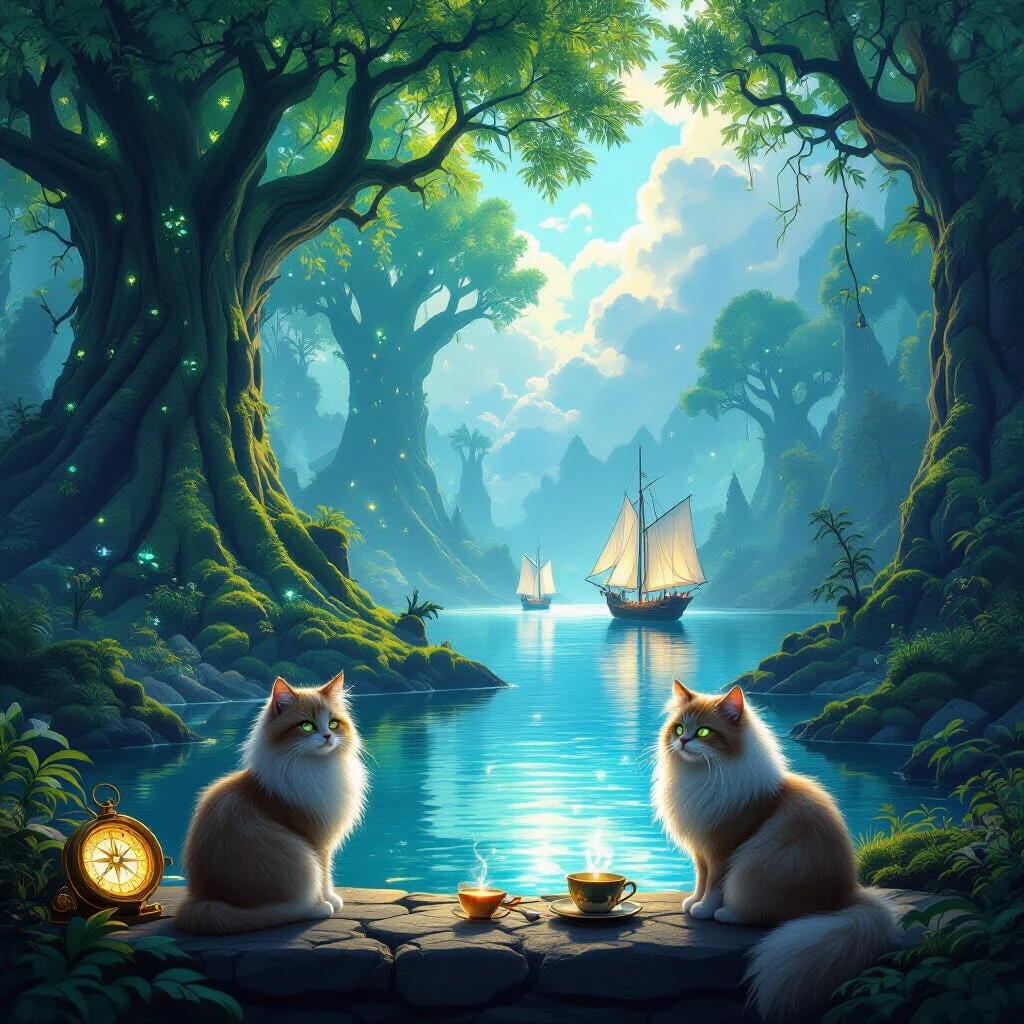 Epic fantasy digital painting, a magical glowing forest with towering ancient trees with bioluminescent leaves, lush green moss, and floating glowing spores. In the distance, a…