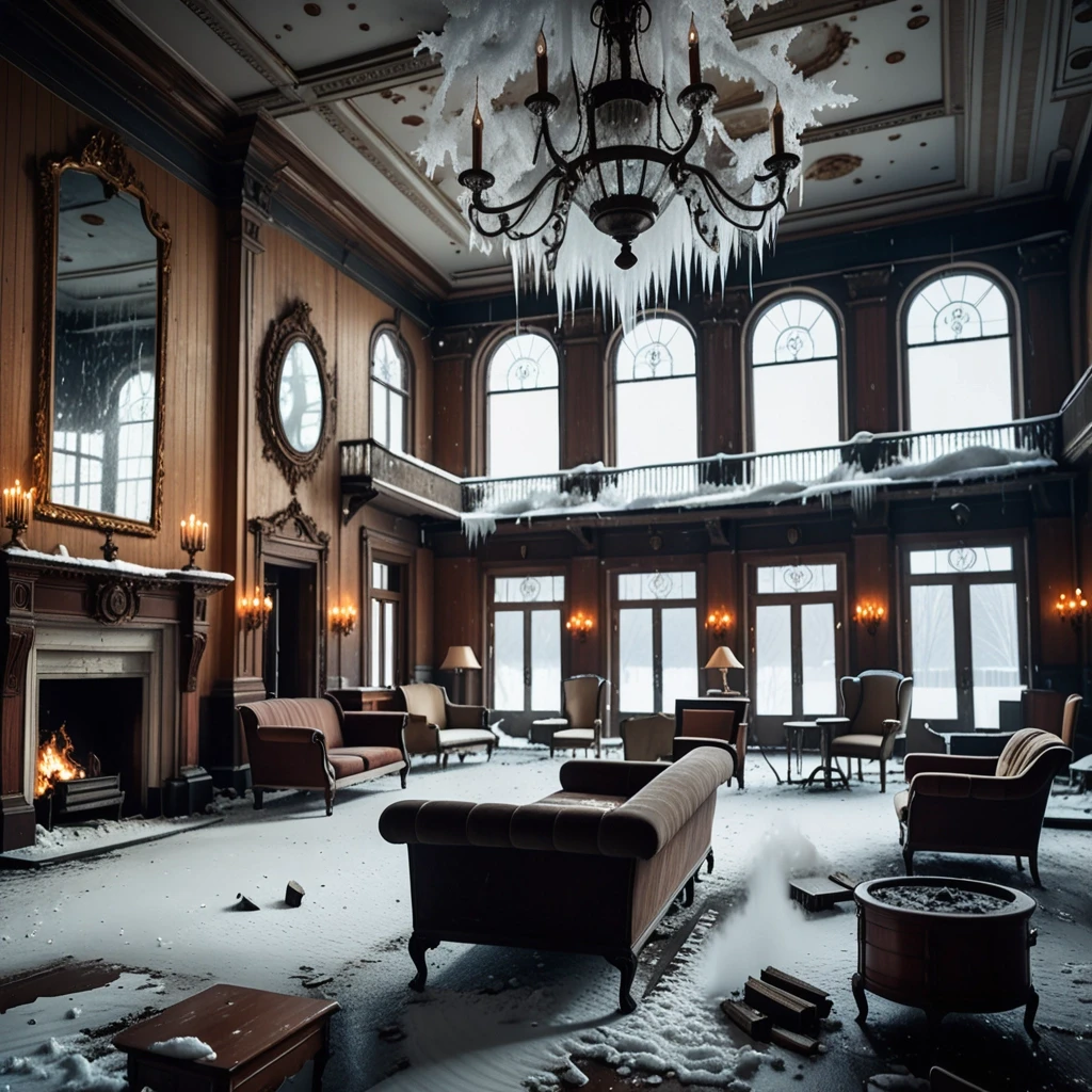 An elegant abandoned hotel lobby with a roaring fireplace, antique furniture, crystal chandelier, snow blowing against tall windows, no people, eerie silence, warm interior…