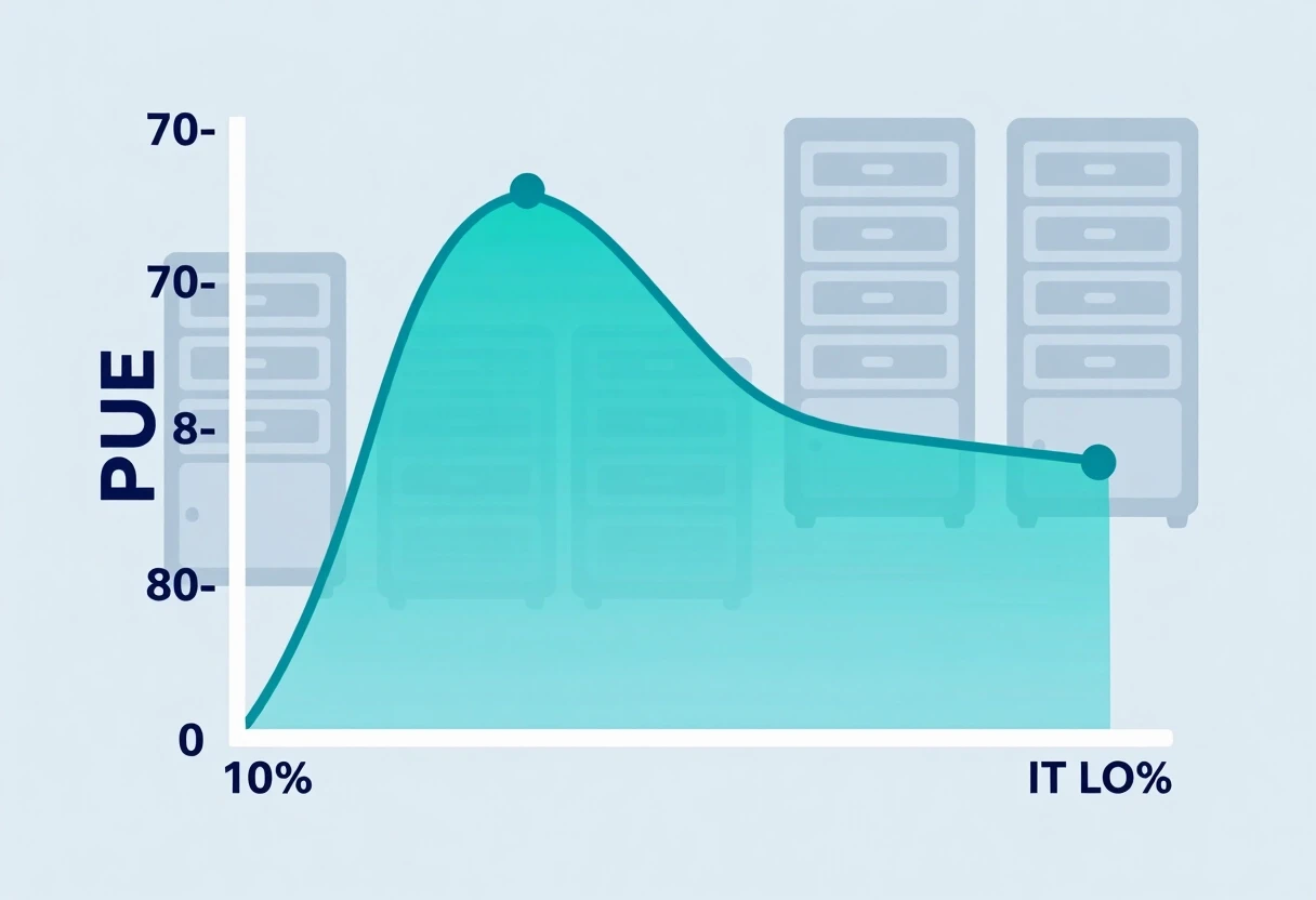 Clean isometric vector infographic showing a line graph. X-axis represents IT load percentage (0-100%), Y-axis represents PUE value. The curve starts high at low load, dips to…
