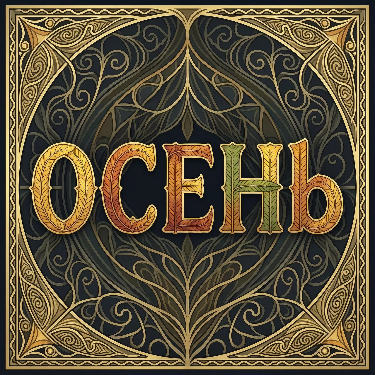 Digital image with double exposure and overlay of layers and textures. Vector graphics. The word "OCEHb" is made of gold, crimson and green skeletonized textured…