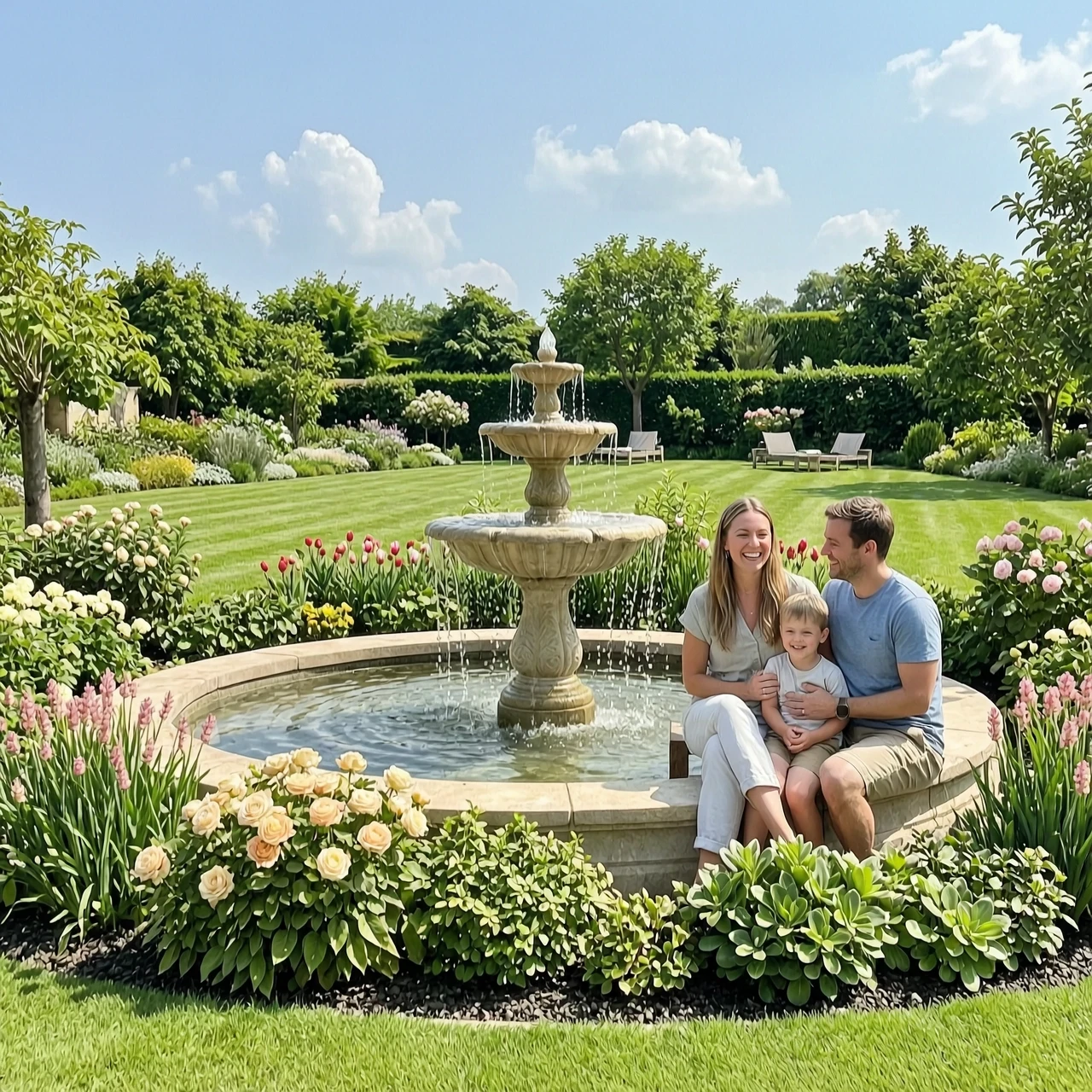 Create a one-minute video on the topic of landscape design. A young, happy family with children is relaxing in a beautiful, well-maintained recreational area. There is abundant…