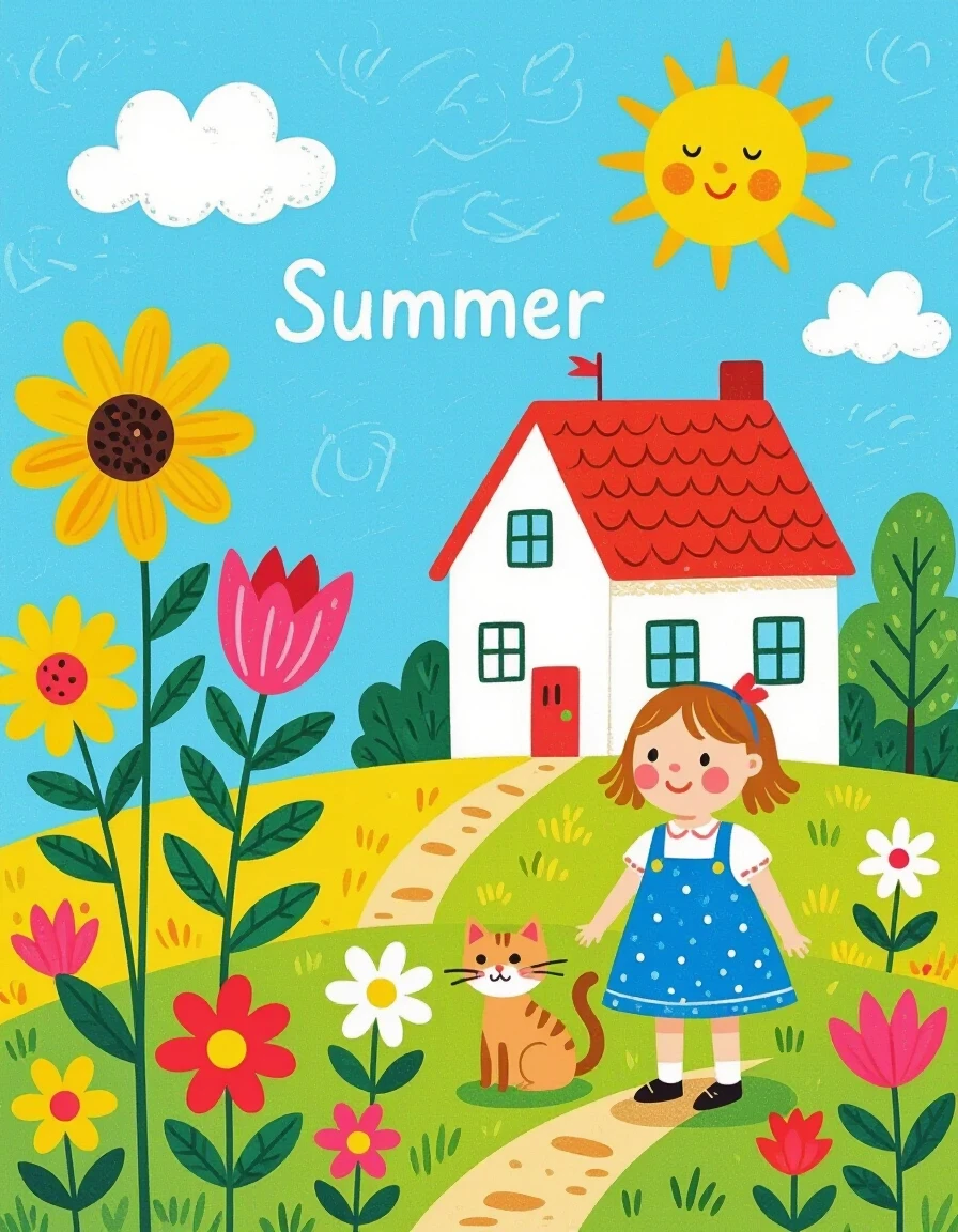 A masterpiece. Creating an image. ((The style is naive graphics in colored pencils. children's drawing of flowers, a house, summer, blue sky, a little girl and a cat:1,6)).…